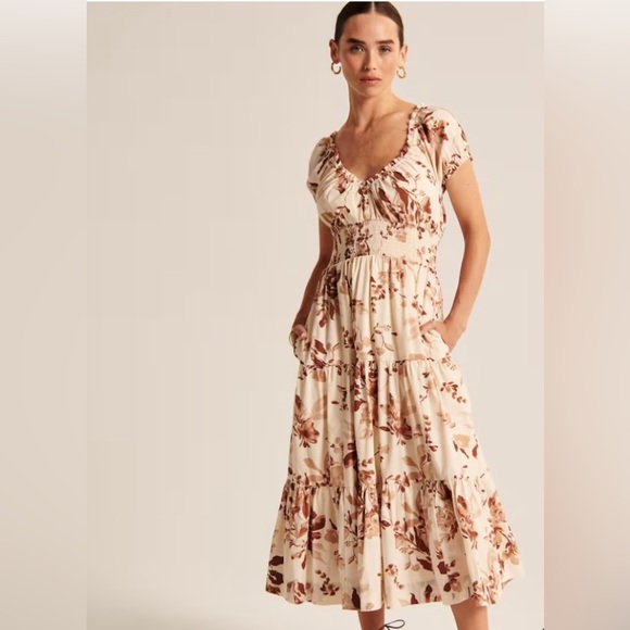 Abercrombie & Fitch Dresses & Skirts - Abercrombie Cap Sleeve Smocked Waist Midi Dress - Brown Pattern